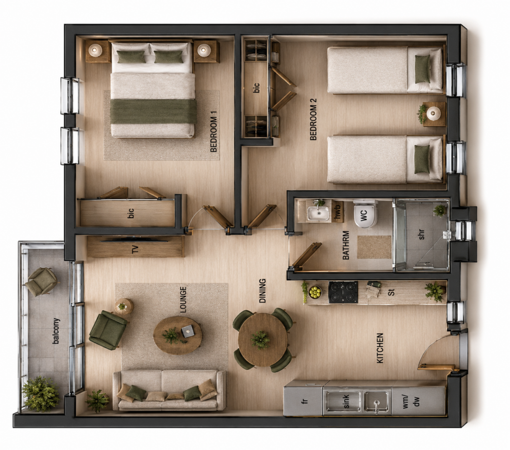 2-bedroom apartment floor plan at Green Valley Estate with balcony, lounge, and shared bathroom