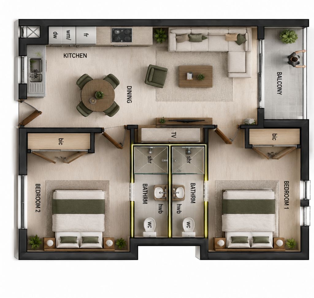 2-bedroom apartment floor plan at Green Valley Estate with mirrored en-suite bathrooms and balcony