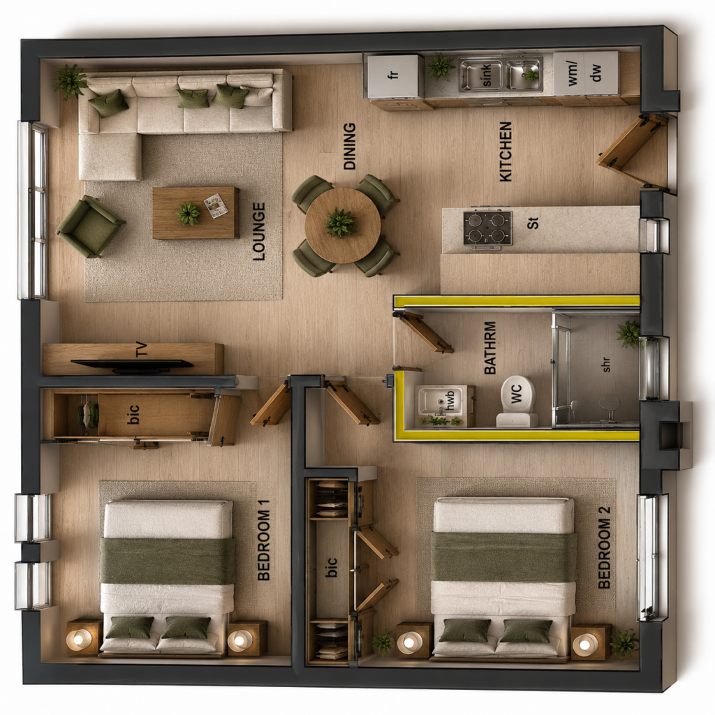 2-bedroom apartment floor plan at Green Valley Estate with open lounge, dining, and kitchen