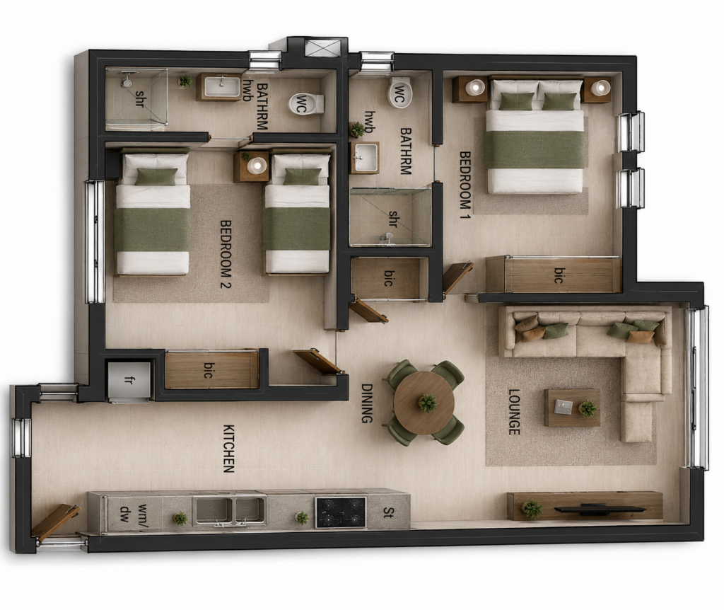 2-bedroom apartment floor plan at Green Valley Estate with twin beds and two separate bathrooms