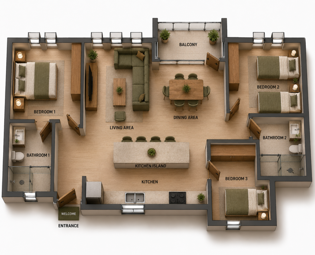 Unit G 3-bedroom apartment floor plan at Green Valley Estate with kitchen island and balcony