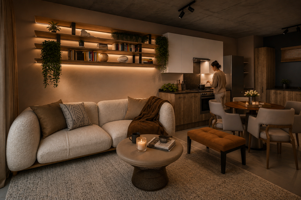Evening view of styled living area with kitchen and dining space at Green Valley Estate