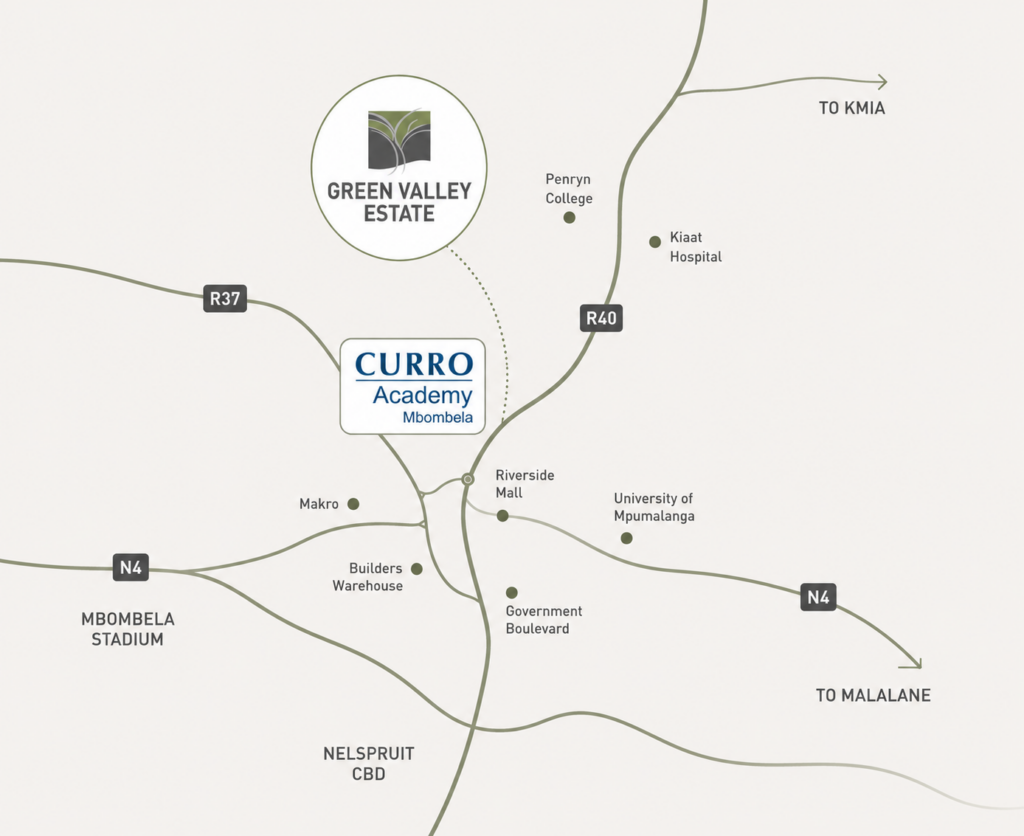 Location map showing Green Valley Estate near Mbombela with nearby schools, hospital, and amenities