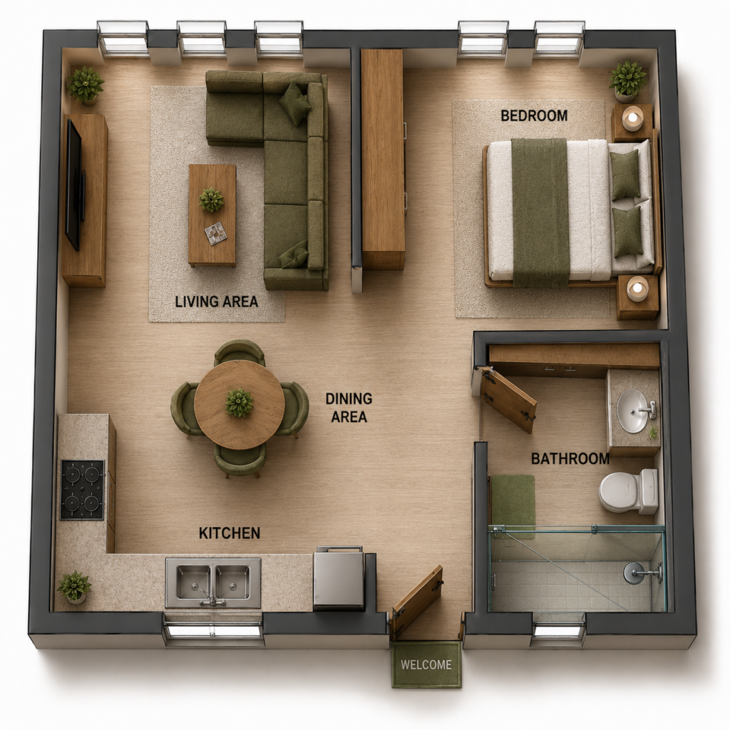 Unit A 1-bedroom apartment floor plan at Green Valley Estate with open living and dining area