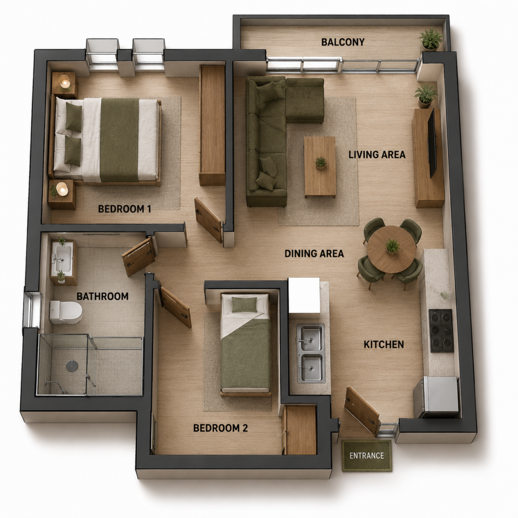 Unit C 2-bedroom apartment floor plan at Green Valley Estate with shared bathroom and balcony