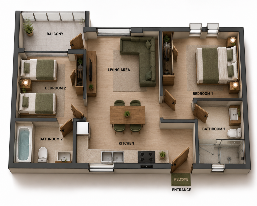 Unit D 2-bedroom apartment floor plan at Green Valley Estate with balcony and two bathrooms