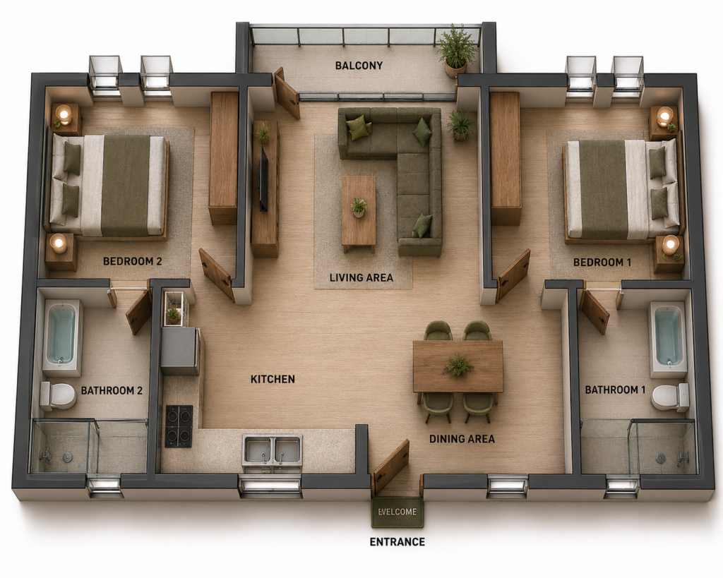 Unit E 2-bedroom apartment floor plan at Green Valley Estate with two en-suite bathrooms and balcony