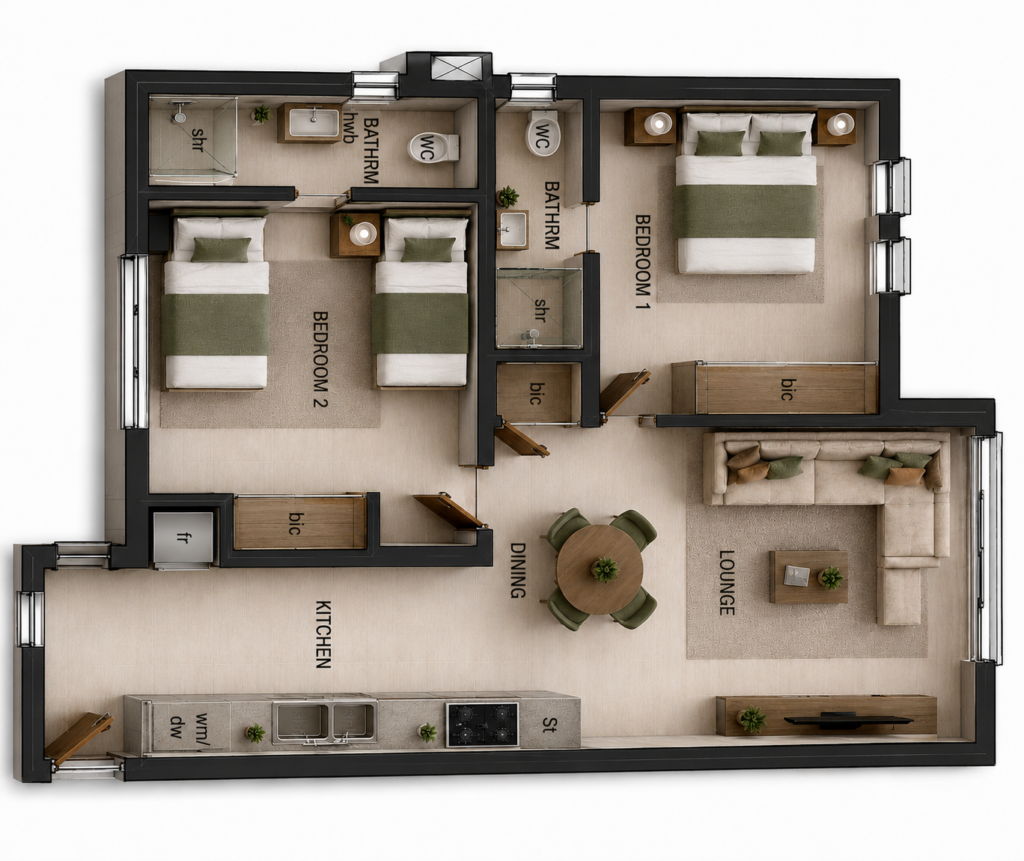 Floor plan layout of 2-bedroom apartment at Green Valley Estate showing bedrooms, lounge and kitchen.
