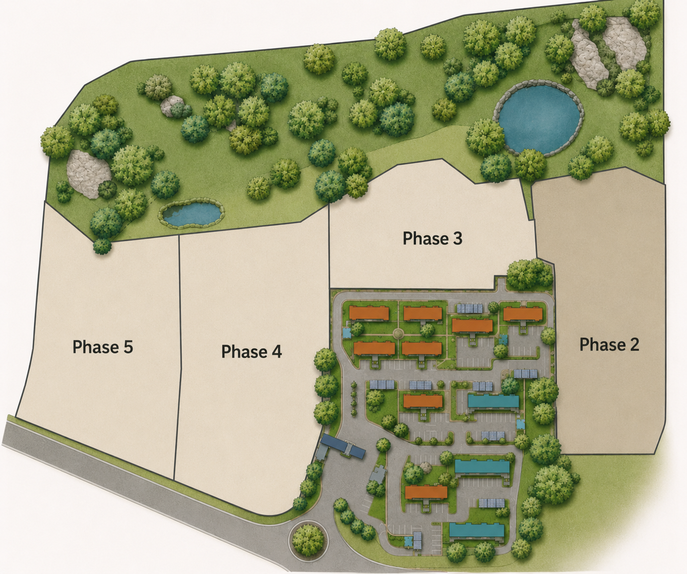 Aerial illustration of Green Valley Estate showing developed phase with buildings, ponds, and future expansion phase 2-5