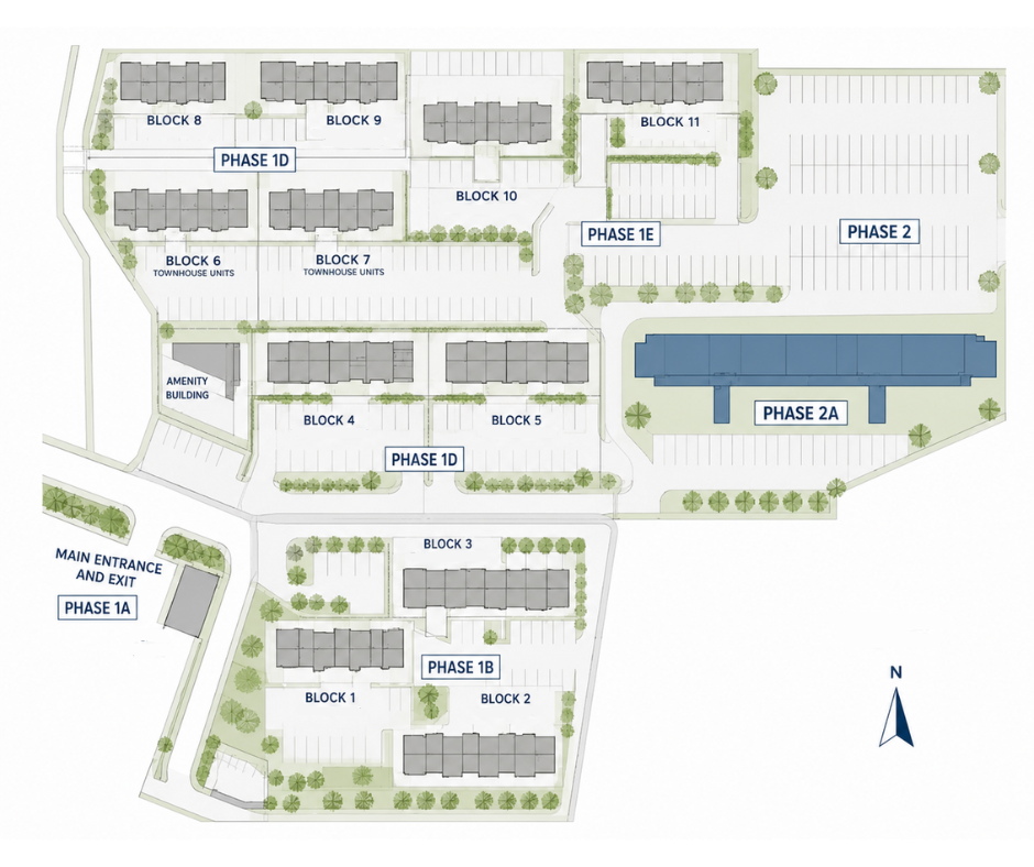 Green Valley Estate site plan showing residential blocks, amenity building, parking, and phased development layout